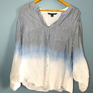 Zac & Rachel Button Up Shirt • Petite Large • Ombré Blue Stripe Design • Boho